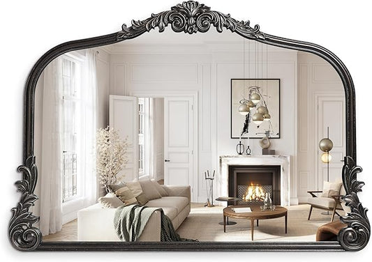 English Estate Carved Arch Wood Wall Mirror, Mirror for Entryway, Living Room, Bathroom, Distressed Black, 26x37
