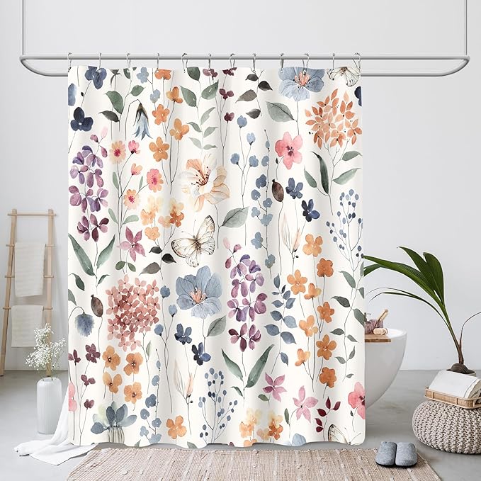 Floral Shower Curtain 60x72, Colorful Flower Fabric Shower Curtain for Bathroom, Cute Botanical Leaf Wildflower Bath Curtain Boho Vintage Rustic Trendy Shower Curtain Set, Ivory