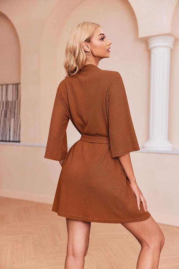 Ekouaer Robes for Women Waffle Knit Bathrobe Soft Lightweight Knee Length Loungewear S-XXL
