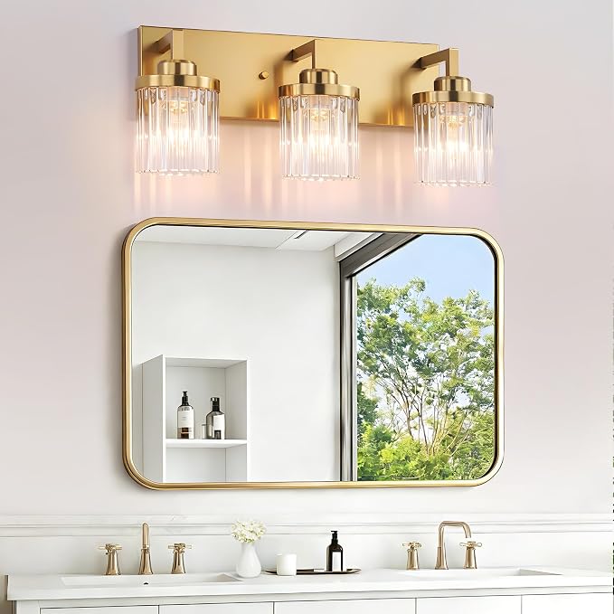 Modern 3-Light Gold Vanity Lights, Crystal Glass Bathroom Fixtures | Brushed Gold Finish, Rust-resistant Metal, Industrial Design, E26 Compatible, Over Mirror Wall Light for Bathroom Restroom