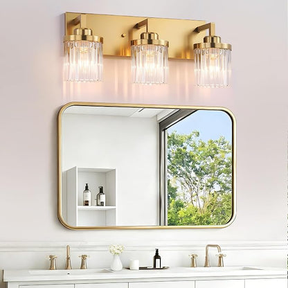 Modern 3-Light Gold Vanity Lights, Crystal Glass Bathroom Fixtures | Brushed Gold Finish, Rust-resistant Metal, Industrial Design, E26 Compatible, Over Mirror Wall Light for Bathroom Restroom