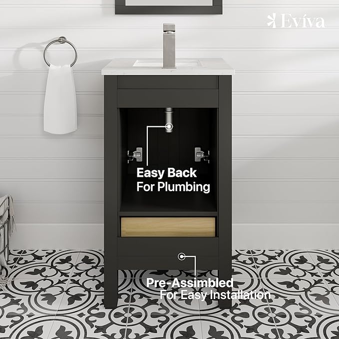 Eviva London 20 Inch Bathroom Vanity with Sink - Freestanding 20 Vanity with Sink Combo - Espresso Bathroom Vanities W/Porcelain Sink and Quartz Countertop for Modern Vanity Bathroom
