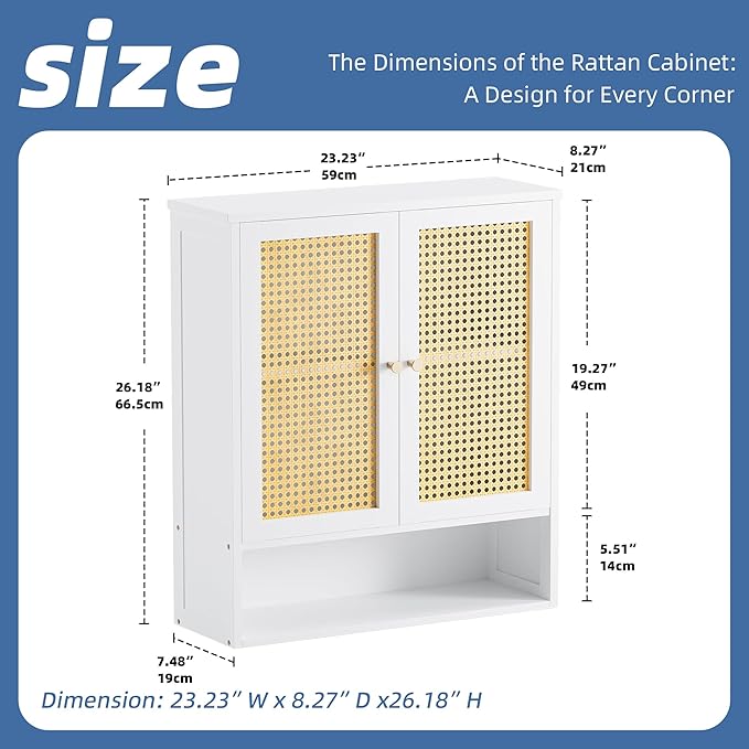 HITNET Rattan Wall Cabinet, Bathroom Hanging Storage Cupboard Over The Toilet, Space Saving Medicine Cabinet with Adjustable Shelf, White