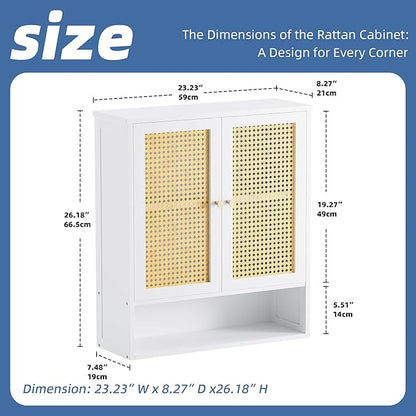 HITNET Rattan Wall Cabinet, Bathroom Hanging Storage Cupboard Over The Toilet, Space Saving Medicine Cabinet with Adjustable Shelf, White