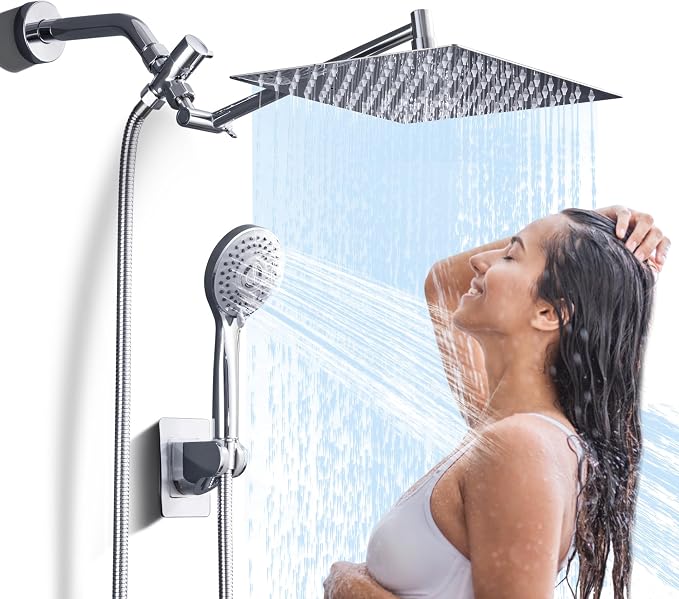 Rain Shower Head with Handheld, 10" Dual Shower Combo, Chrome | 304 stainless steel rainfall head, adjustable extension arm, 5 spray modes, anti-clog nozzles, easy bathroom upgrade