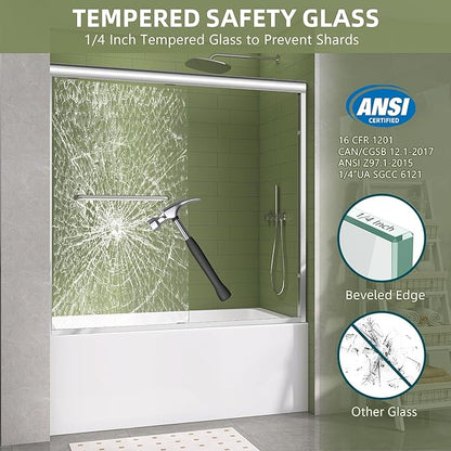 GETPRO Tub Shower Door 56-60 in. W x 58 in. H Semi-Frameless Bypass Double Sliding Bathroom Glass Tub Door,1/4 inch Clear Tempered Glass Bathtub Door Chrome Finish