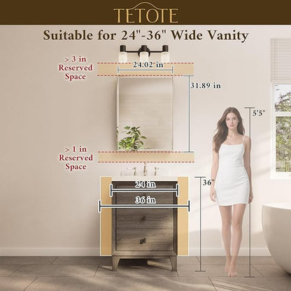 TETOTE 24 x 32 Bathroom Mirror with Storage with Tempered Beveled Mirror White Medicine Cabinet Aluminum Cabinet DTC Hinges, Stepless Adjustable Shelves, Recessed/Surface-Mounted