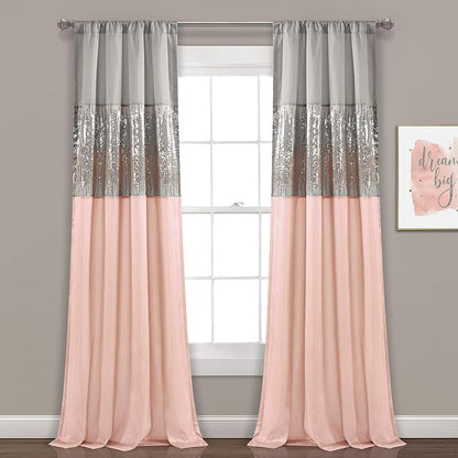 Lush Decor Night Sky Window Curtain Panel, Single, 42" W x 84" L, Gray & Blush - Sequin Curtains - Sparkle & Color Block Design - Modern Glam Decor - Long Curtains For Bedroom & Living Room