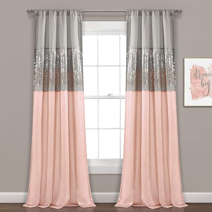 Lush Decor Night Sky Window Curtain Panel, Single 42"W x 95"L Gray & Blush - Sequin Backdrop Curtain - Room Darkening Curtains For Bedroom - Glam Decor