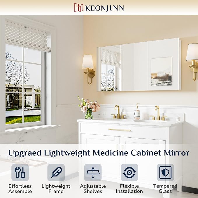 Keonjinn 48x26 Inch White Bathroom Medicine Cabinets Mirror, Tempered Glass | Assembly Required, Lightweight Aluminum Frame, Adjustable Shelves, Surface Mount or Recessed, HD Tempered Glass, Soft Close