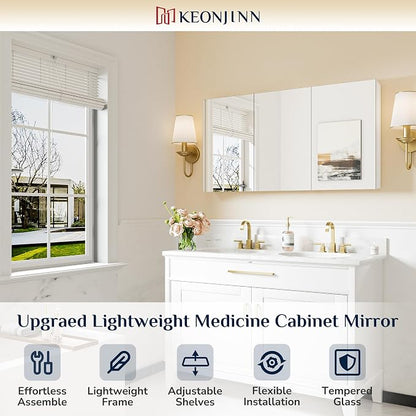 Keonjinn 48x26 Inch White Bathroom Medicine Cabinets Mirror, Tempered Glass | Assembly Required, Lightweight Aluminum Frame, Adjustable Shelves, Surface Mount or Recessed, HD Tempered Glass, Soft Close