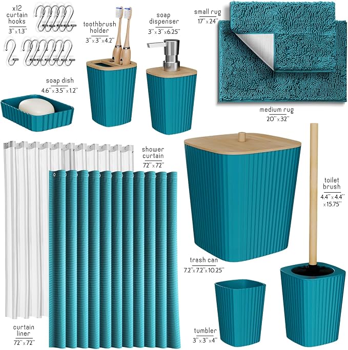 Clara Clark Teal Bathroom Set, Bathroom Sets with Shower Curtain and Rugs | 22 Piece Bathroom Accessories Set with Toothbrush Holder, Soap Dispenser, Soap Dish, Toilet Brush, and Bathroom Trash Can