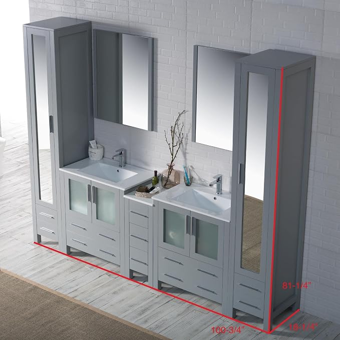 Blossom 102" Solid Wood Master Bathroom Vanity Set – Pre-Assembled Double Sink Cabinet with Storage Tower Combo & Soft Close Drawers – High End Furniture Grade Luxury Vanity in Metal Grey