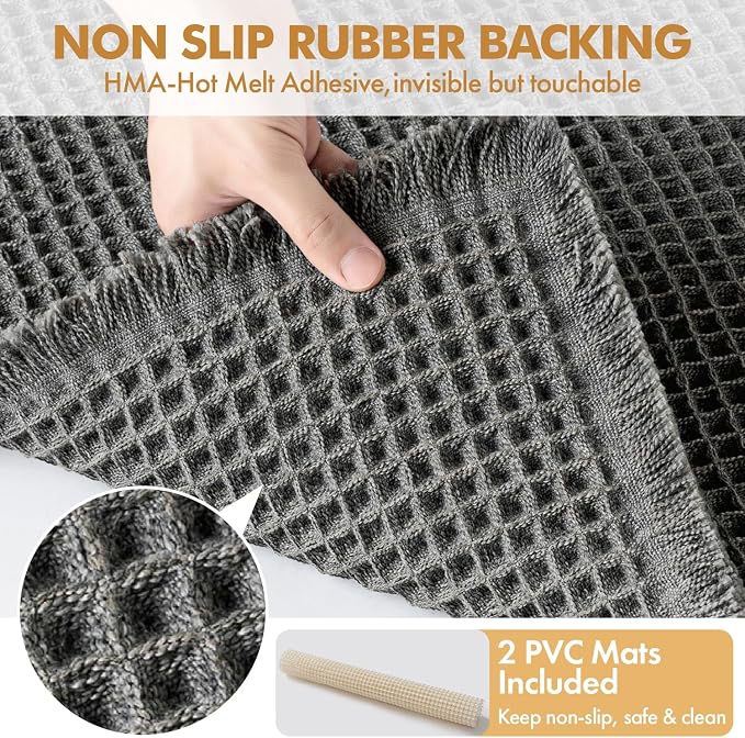 MIULEE Set of 2 Waffle Bathroom Rugs Boho Bath Mat Dark Grey 20x32 Inch | Non Slip, Super Absorbent, Washable, Ultra Soft, Rubber Backed Bath Rugs for Bathroom Floor Tub Shower