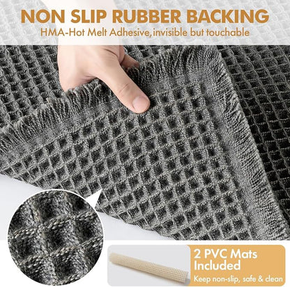 MIULEE Set of 2 Waffle Bathroom Rugs Boho Bath Mat Dark Grey 20x32 Inch | Non Slip, Super Absorbent, Washable, Ultra Soft, Rubber Backed Bath Rugs for Bathroom Floor Tub Shower
