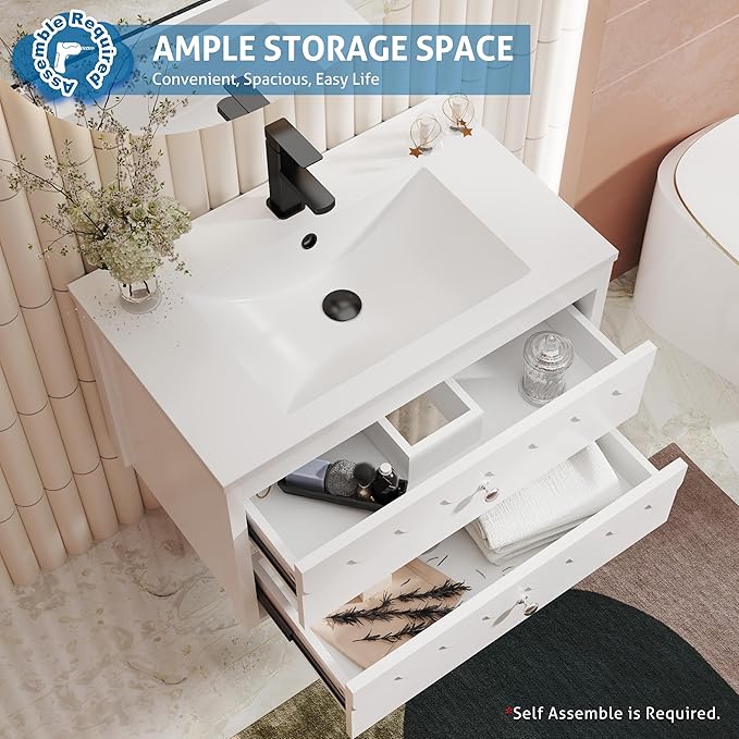 eclife 30" Floating Bathroom Vanity with Sink Combo, Modern Painted Wall-Mounted Vanities Storage Cabinet with Scalloped Decor, Undermount Basin, Faucet, Drain, White