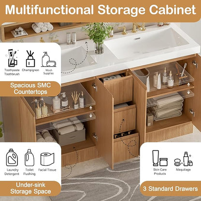 60 Inch Double Bathroom Vanity with Double Sinks, Soft Closing Doors and Drawers, Solid Wood Frame & MDF Modern Fluted Bathroom Sink Cabinet, Freestanding,Natural Wood