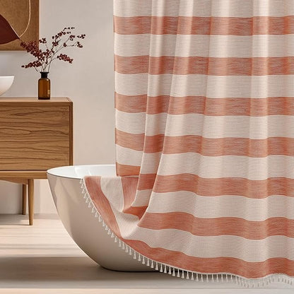 Boho Farmhouse Thick Shower Curtain with Tassels, Rustic Rusty Red Cotton Linen Soft Fabric Shower Curtain Water Repellent, Shabby Chic Heavyweight Striped Shower Curtains for Bathroom