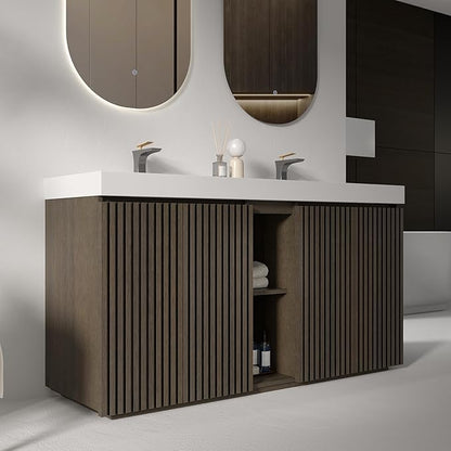 60" Bathroom Vanity with Double Sink, Freestanding Double Sink Bathroom Vanity with White Engineered Stone Top, Open Storage Cabinet & Adjustable Shelf, 4 Soft-Closing Doors, Smoked Oak Brown