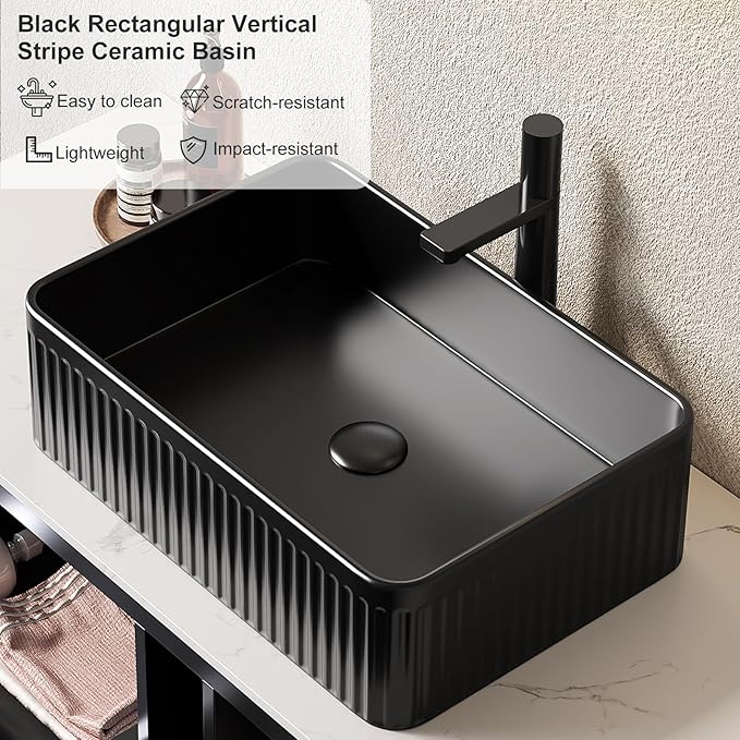 30" Bathroom Vanity with Single Sink, Modern Bathroom Storage Cabinet with Black Rectangular Ceramic Basin and Roma Travertine-Pattern Sintered Stone Top, Soft Closing Door, Natural Wood