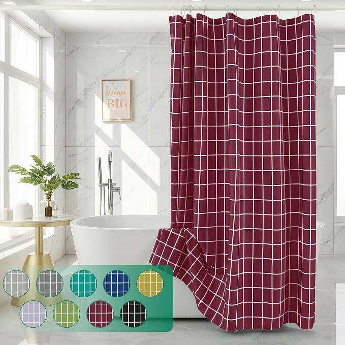 Fabric Shower Curtains for Bathroom-Cloth Modern Farmhouse Shower Curtain | 70"Wx72"L Burgundy Faux Linen Grid Minimalist Simple Neutral Guest Bathroom Decor-Textured Geometric Plaid Machine Washable