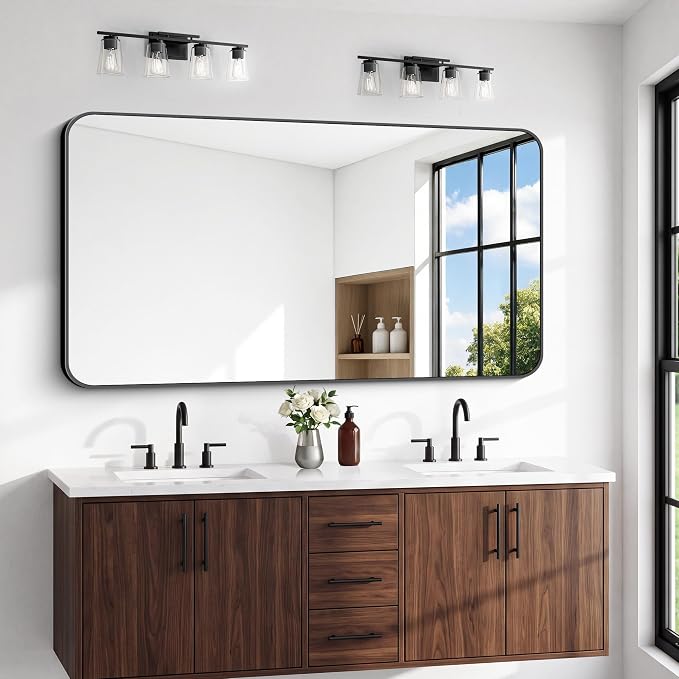 BONEWEI 66x30 inch Large Bathroom Mirror,Black Rectangle Mirror,Wall Mounted Bathroom Frame Vanity Mirror with Round Corner for Bedroom Living Room, Entryway Hangs Horizontal or Vertical