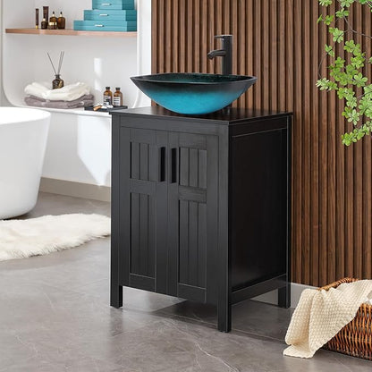 UEV Black 24" Bathroom Vanity with Sink Combo,Modern Vanity with Vessel Sink,Stylish Bathroom Vanity Cabinet,Grooved Doors & Metal Handles,Modern Square Ocean Blue Tempered Glass Vessel Sink(A10)