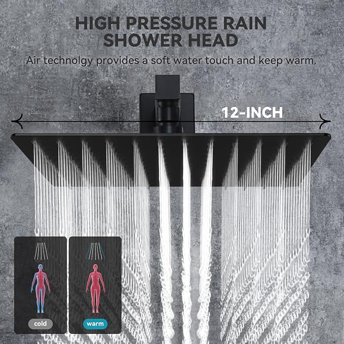 Rain Shower System With Complete 6 Pcs Body Sprays Jets And Pressured Balance Rough-in Valve,12Inch Rainfall Shower Head And Handheld, Modern Matte Black Wall Mount Shower Faucets Sets