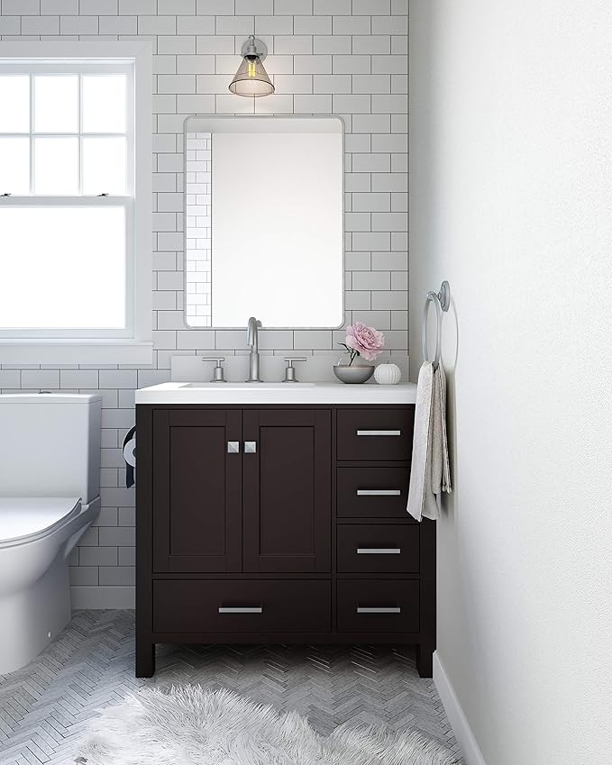 ARIEL Cambridge 36-inch Bathroom Vanity with Sink,Solid Wood, 1.5-inch Pure White Quartz Countertop & Backsplash, Single Oval Porcelain Sink, 2 Soft Closing Doors, 5 Dovetail Drawers, Espresso