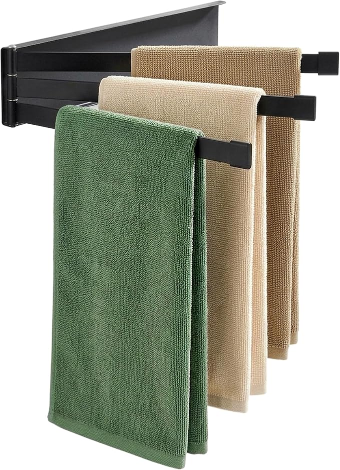 Swing Towel Holder Rack Matte Black | Wall Mounted Towel Bar, Swivel with 3-Arm for Bathroom Kitchen Storage