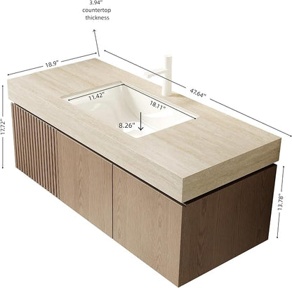 KEIKI 48 Inch Floating Bathroom Vanity with Sink, Light Brown & Beige | Modern Wall Mounted Storage Cabinet w/ Drawer & Door, Pre-assembled Wood Panels, Sintered Stone Top & Ceramic Basin Combo Set