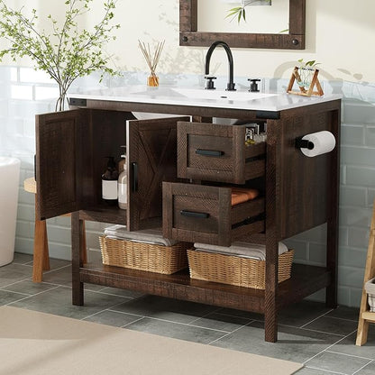 AMERLIFE 36" Farmhouse Bathroom Vanity with Sink Combo, Freestanding Small Single Wood Barn Door Bath Storage Cabinet Set with Sliding Drawers & Open Shelf, Paper Towel Holder, Rustic Brown