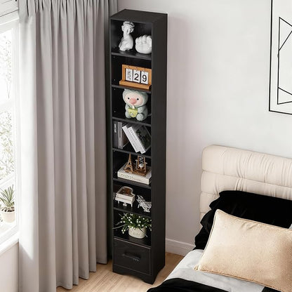 VECELO Tall Narrow Bookshelf with Drawer, 6 Adjustable Movable Shelves, Wood Space Saving Corner Storage Cabinet for Bathroom Bedroom, Sleek Black