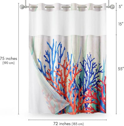 Americanflat 72x75 Hookless Shower Curtain - Water-Resistant Coral Reef Shower Curtain with Sheer Panel, Snap-in Liner, and Grommets - 100% Polyester - Cobalt Blue, Coral Red, Seafoam Green and White