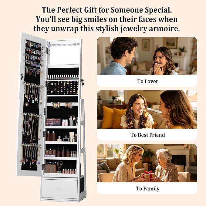 Rotatable 6 LEDs Jewelry Armoire With Drawer, White | 360°Swivel Jewelry Cabinet Standing with Full Length Mirror & Bottom Drawer & Makeup Mirror & 3 Back Rear Shelves & Lockable