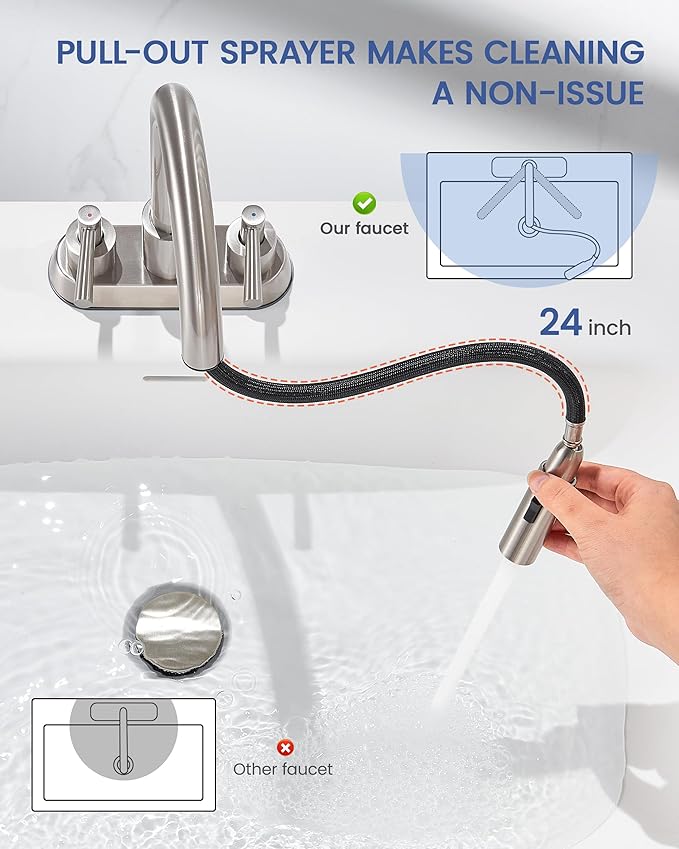 Bathroom Sink Faucet with Pull Out Sprayer 2 Handles, Brushed Nickel Pull Down Bathroom Faucet 3 Holes, 4 Inch Sink Faucet Bathroom, 360 Degree Swivel Spout, Pop Up Drain Assembly Included