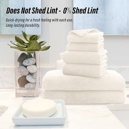 MOONQUEEN Ultra Soft Towel Set-Quick Drying - 2 Bath Towels 2 Hand Towels 2 Washcloths-Microfiber Coral Velvet Highly Absorbent Towel for Bath Fitness,Bathroom,Sports,Yoga, Travel(Cream, 6 Pcs)