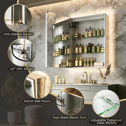24x32 Lighted Medicine Cabinet, Separate Front & Back Lights | Surface/Recessed LED Medicine Cabinet for Bathroom with Side Mirrors, Dimmable Light, Anti-Fog, Memory,Silver Aluminum Frame