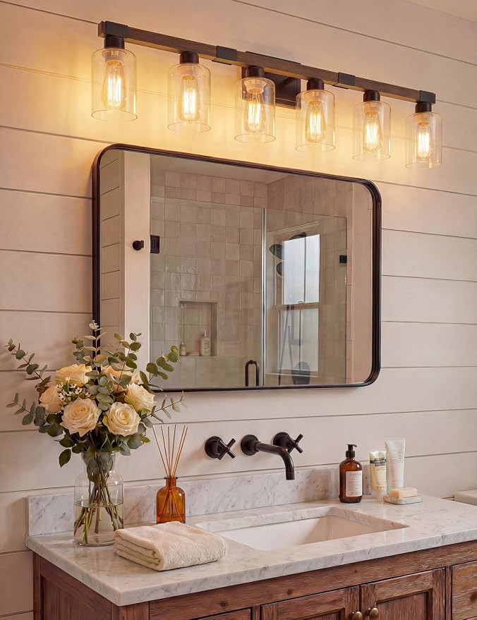 VOLISUN Farmhouse Bathroom Vanity Light Fixtures, 6 Light,UL Certificated | 6 Light Bathroom Vanity Lights Over Mirror, Rustic Vanity Light for Bathrooms,Wood Bathrooms Lights Fixtures Over Mirror