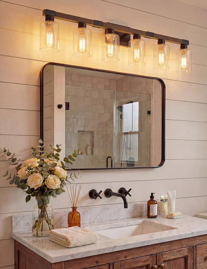 VOLISUN Farmhouse Bathroom Vanity Light Fixtures, 6 Light,UL Certificated | 6 Light Bathroom Vanity Lights Over Mirror, Rustic Vanity Light for Bathrooms,Wood Bathrooms Lights Fixtures Over Mirror