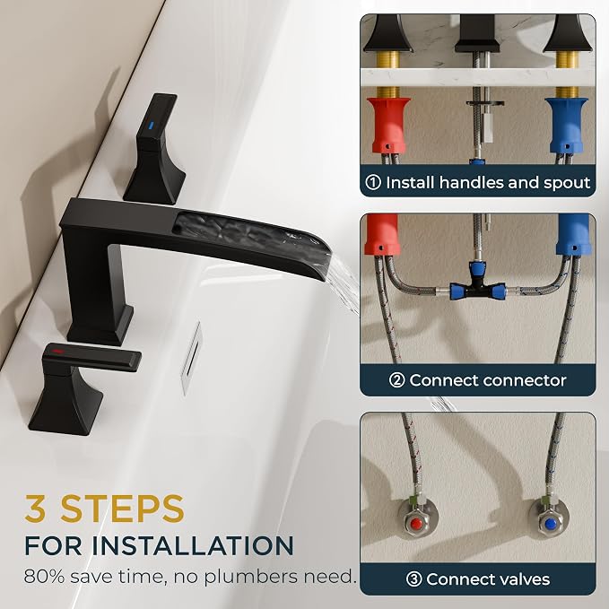 FORIOUS Roman Bathtub Faucet 3 Hole Deck Mount with 2 Handle Matte Black | Tub Faucet for 3-Hole Set, 6-12" Centered Distance, Widespread Garden Bath Tub, Waterfall Spout, High Flow, Brass