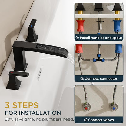 FORIOUS Roman Bathtub Faucet 3 Hole Deck Mount with 2 Handle Matte Black | Tub Faucet for 3-Hole Set, 6-12" Centered Distance, Widespread Garden Bath Tub, Waterfall Spout, High Flow, Brass