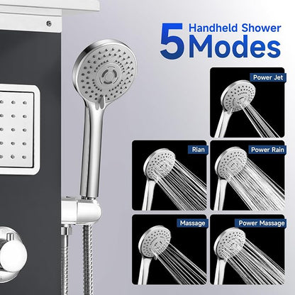 Shower Panel Tower System with Shelf, Adjustable Body Jets and Tub Spout | Rainfall shower panel with angle adjustable side jets, tub spout, 5-function handheld sprayer and built-in shelf