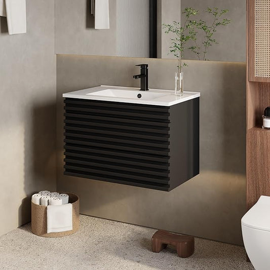 eclife 30" Floating Bathroom Vanity with Sink Combo Mid-Century Wall Mounted Cabinet with Wood Stripes Decor, Drawers, Undermount Single Sink, Faucet, Drain, Black