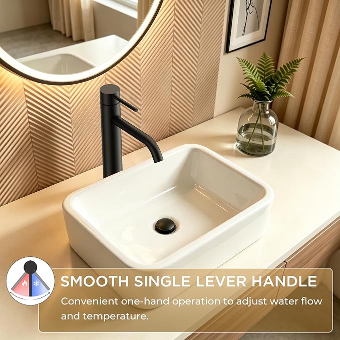 FORIOUS Vessel Sink Faucets Single Handle, Black Tall Bathroom Faucet | for 1 Hole Vessel Sink Only, Modern Faucet with Pop up Drain, for Basin Bowl Vanity Lavatory Residential/Commercial Use