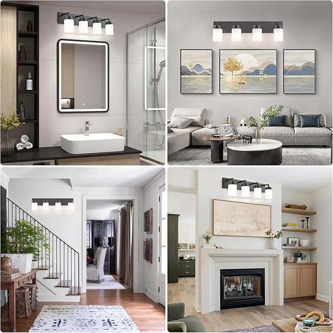 Espird Bathroom Vanity Light, 4 Light Matte Black Vanity Light with White Matte Glass Shade, 30in Farmhouse Wall Light, Lighting Fixtures Over Mirror for Bathroom