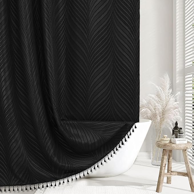Black Boho Woven Fabric Shower Curtain, 72 x 72 Tufted Leaves Textured Striped Modern Farmhouse Minimalist Cloth Curtain for Bathroom