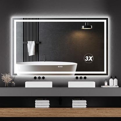 LED Bathroom Wall Mirror 60 x 36 Inch, Frameless Vanity Mirror with Front Light & Ambient Backlight, Single Front LED Strip with 150mm Suction 3X Mirror, Dimmable & Adjustable Color Tempera
