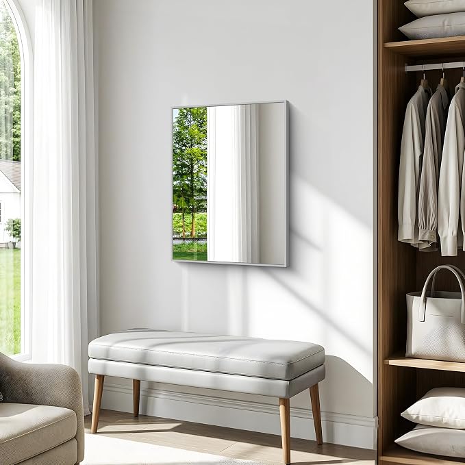 BONEWEI Silver Bathroom Mirror,24x30 inch Wall Mirror for Bathroom Wall Mounted,Rectangle Mirror for Bathroom Over Sink,Modern Metal Frame for Living Room,Bedroom Entryway,Horizontal/Vertical