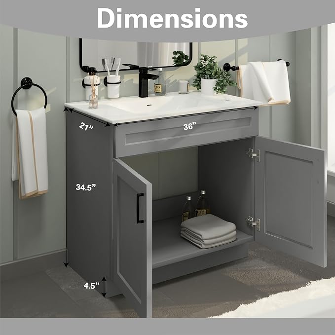 36" Light Grey Shaker Bathroom Vanity Base – Ready-to-Assemble Sink Cabinet, Freestanding Bathroom Vanity Base Only, No Top or Sink